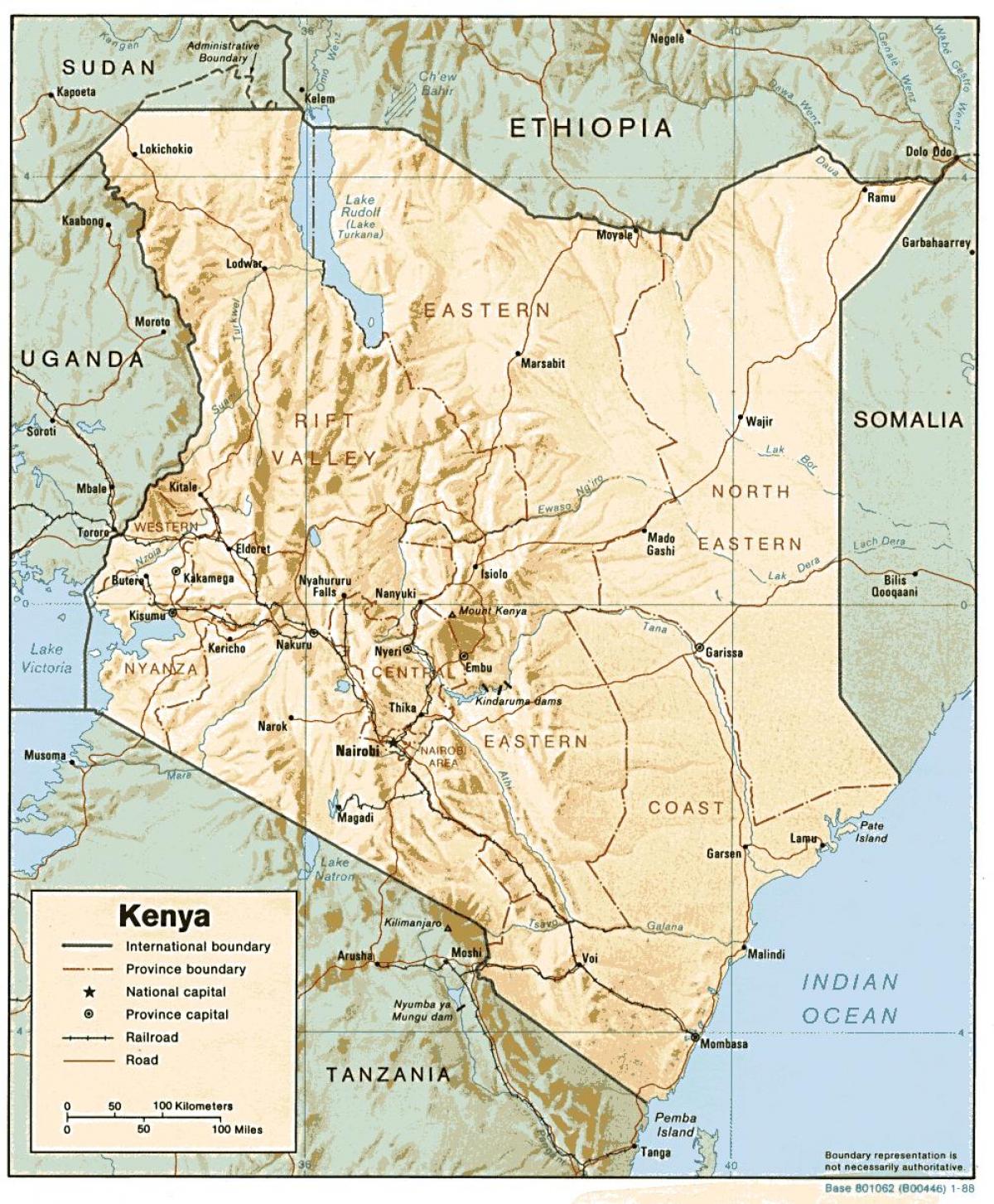 karta Keniji s naznakom glavnih gradova